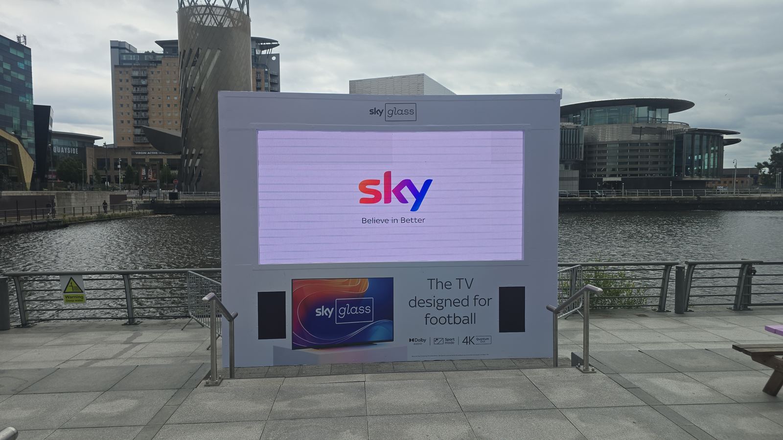 Commercial outdoor Sky Glass screen installation at Salford Quays