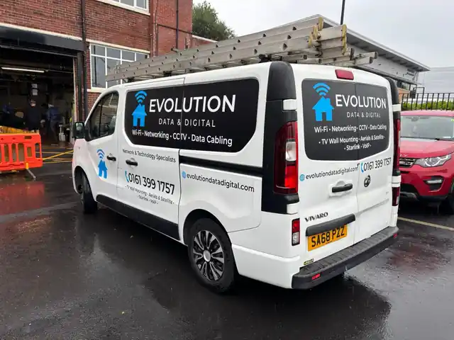 Evolution Data & Digital branded service van with ladders for Wi-Fi, networking, CCTV and data cabling work