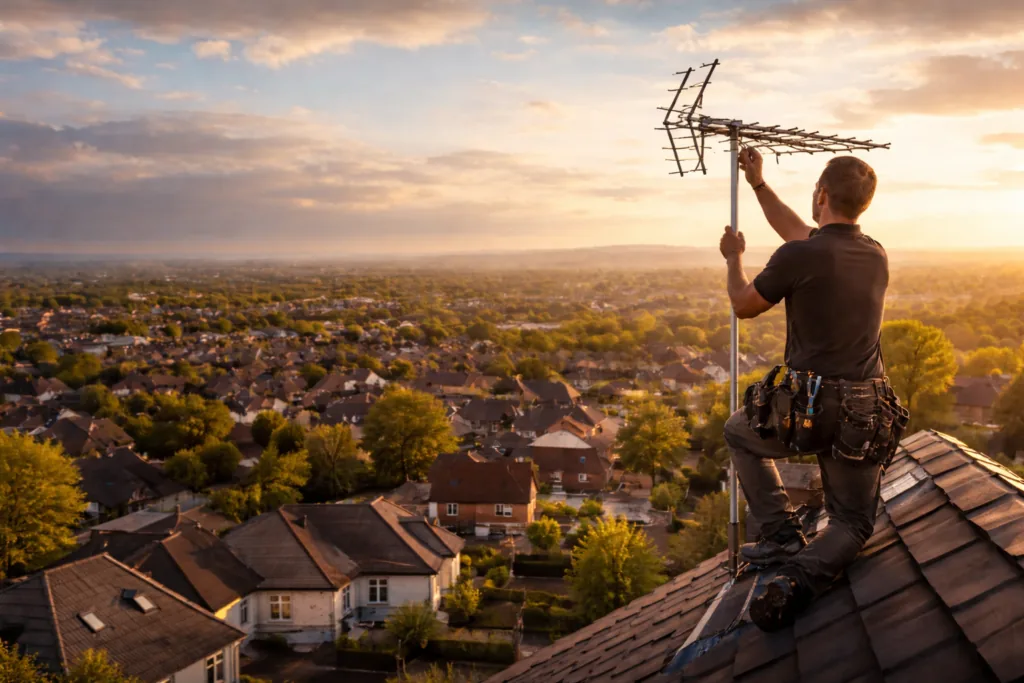 Local engineer fitting a TV aerial on a rooftop in Stockport at sunset